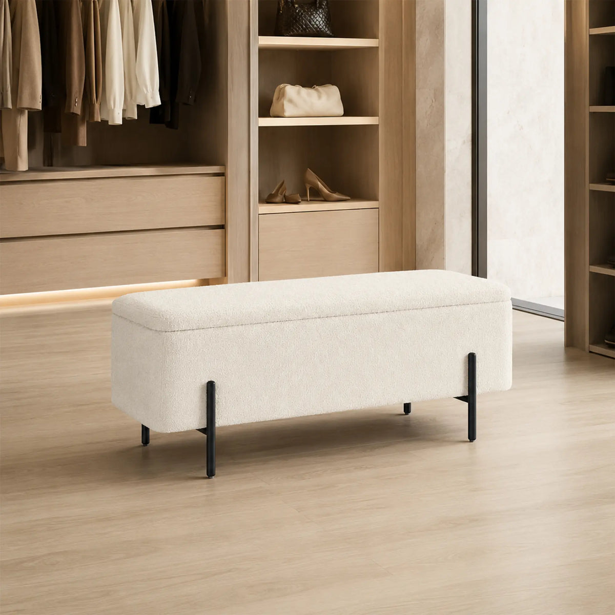 LIVARA Teddy Fleece Storage Bench High Resilience Cushioning Flip Top Storage 90/120cm for Entryway Bed End Walk In Closet - White