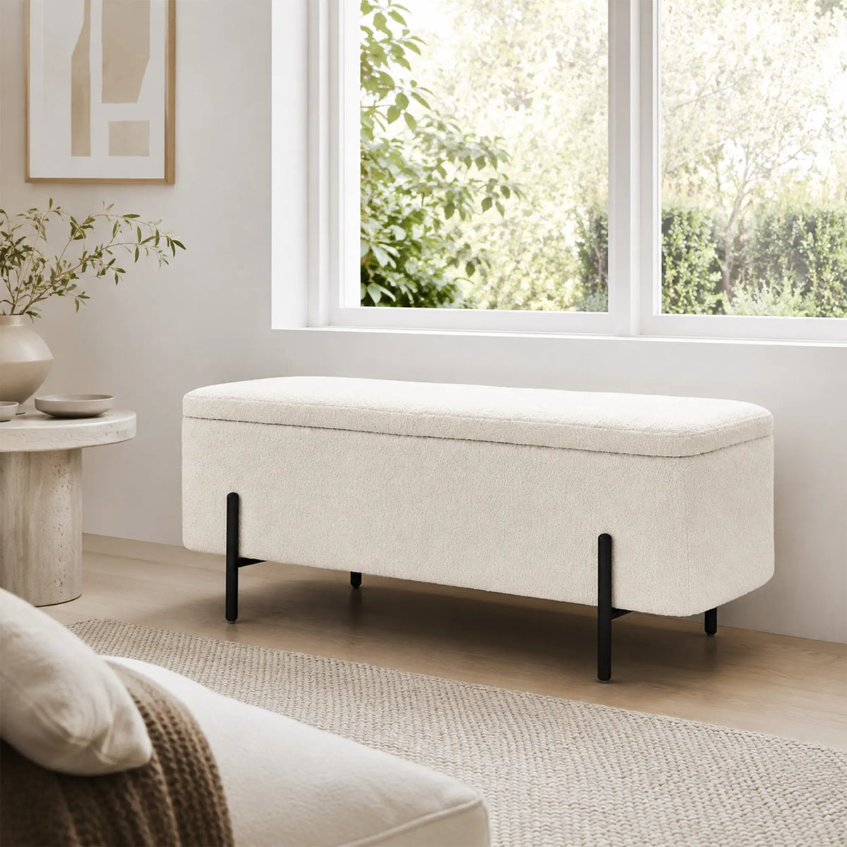 LIVARA Teddy Fleece Storage Bench High Resilience Cushioning Flip Top Storage 90/120cm for Entryway Bed End Walk In Closet - White