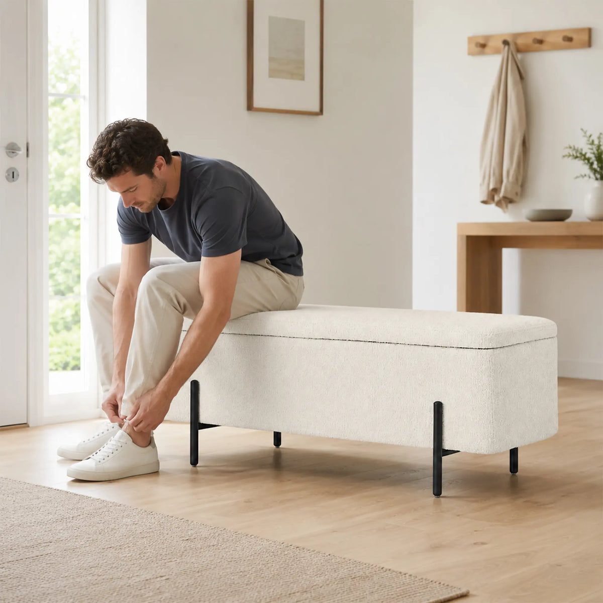 LIVARA Teddy Fleece Storage Bench High Resilience Cushioning Flip Top Storage 90/120cm for Entryway Bed End Walk In Closet - White