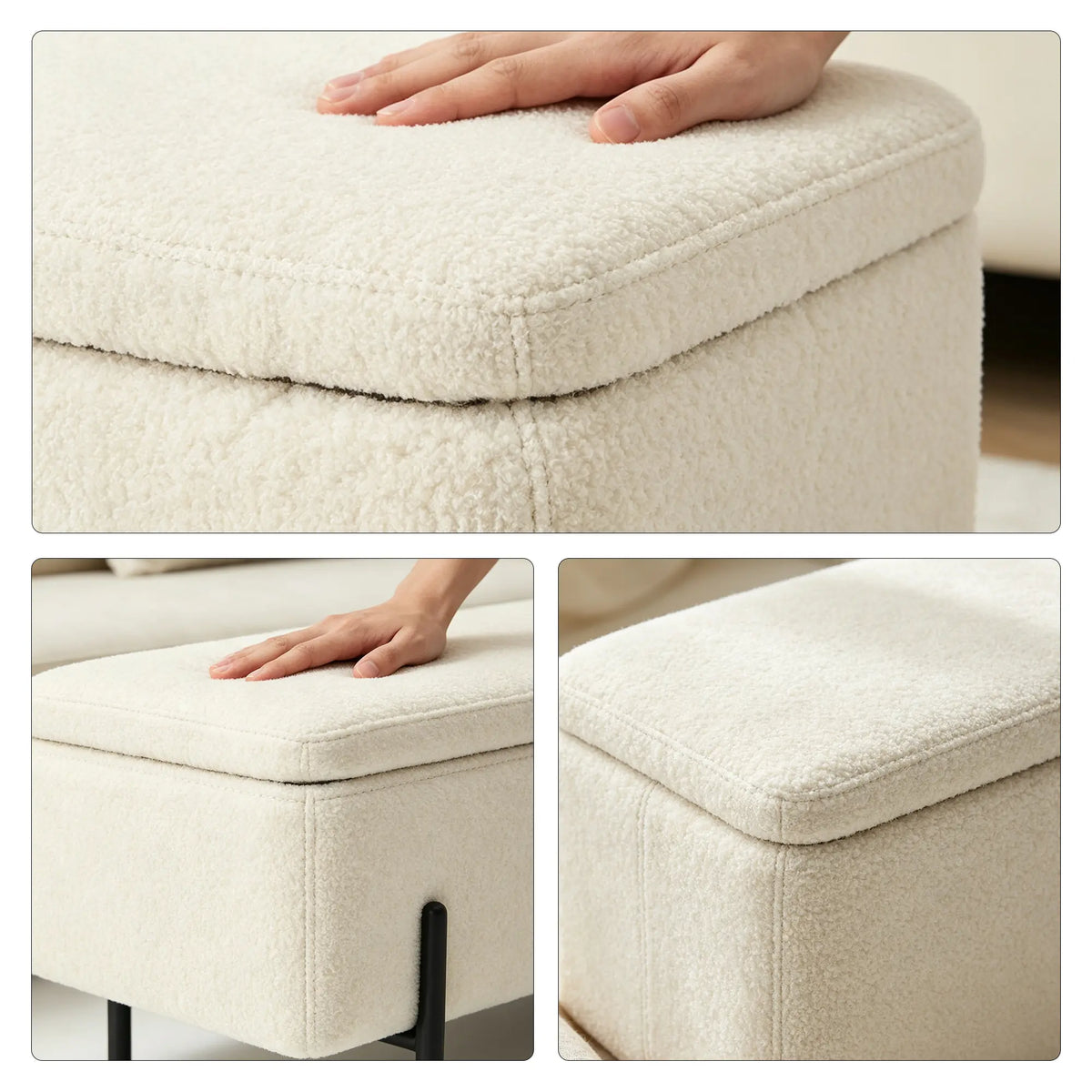 LIVARA Teddy Fleece Storage Bench High Resilience Cushioning Flip Top Storage 90/120cm for Entryway Bed End Walk In Closet - White