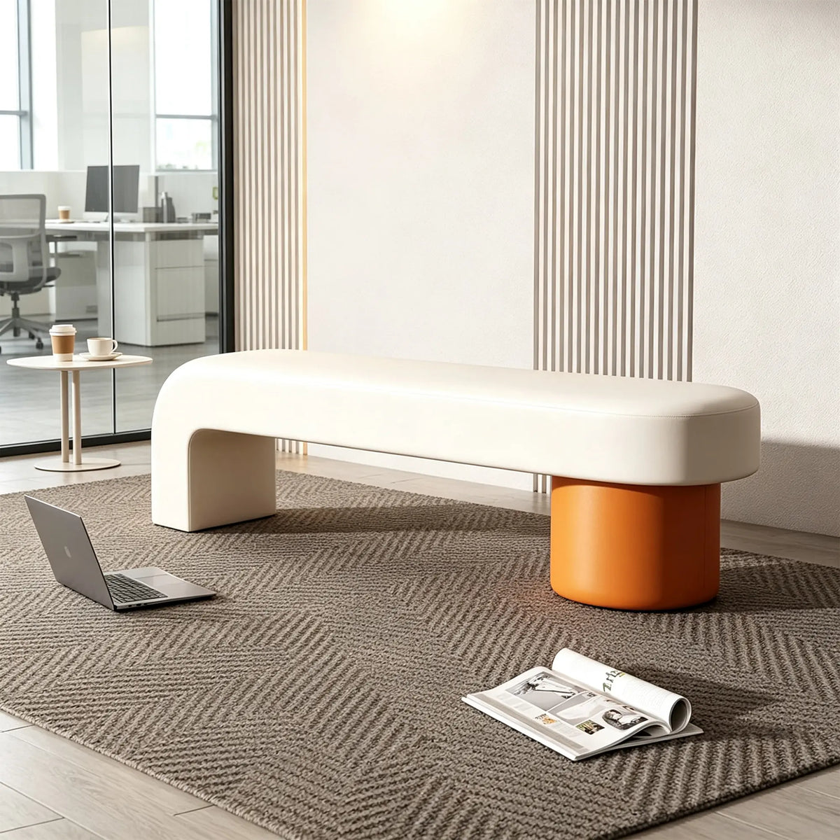 LIVARA Modern Upholstered Bench PU Leather Seat High Density Foam Sculptural Base 100/120cm for Entryway Bedroom Living Room - White & Orange