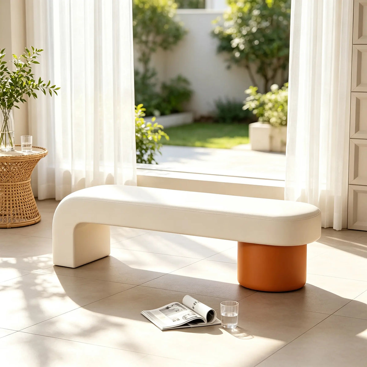 LIVARA Modern Upholstered Bench PU Leather Seat High Density Foam Sculptural Base 100/120cm for Entryway Bedroom Living Room - White & Orange