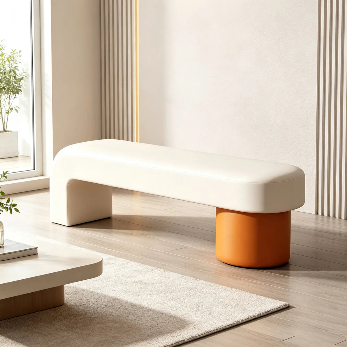 LIVARA Modern Upholstered Bench PU Leather Seat High Density Foam Sculptural Base 100/120cm for Entryway Bedroom Living Room - White & Orange