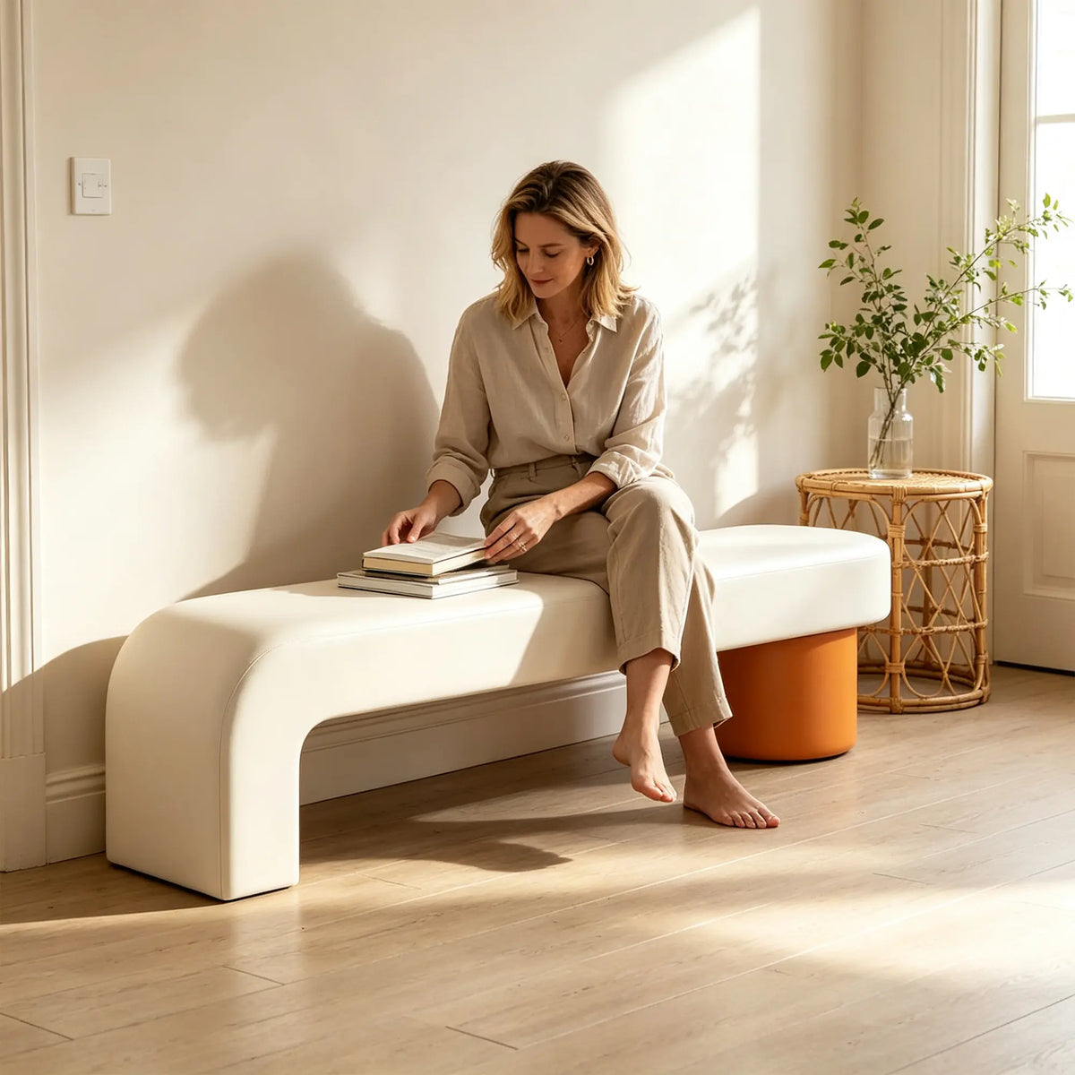 LIVARA Modern Upholstered Bench PU Leather Seat High Density Foam Sculptural Base 100/120cm for Entryway Bedroom Living Room - White & Orange