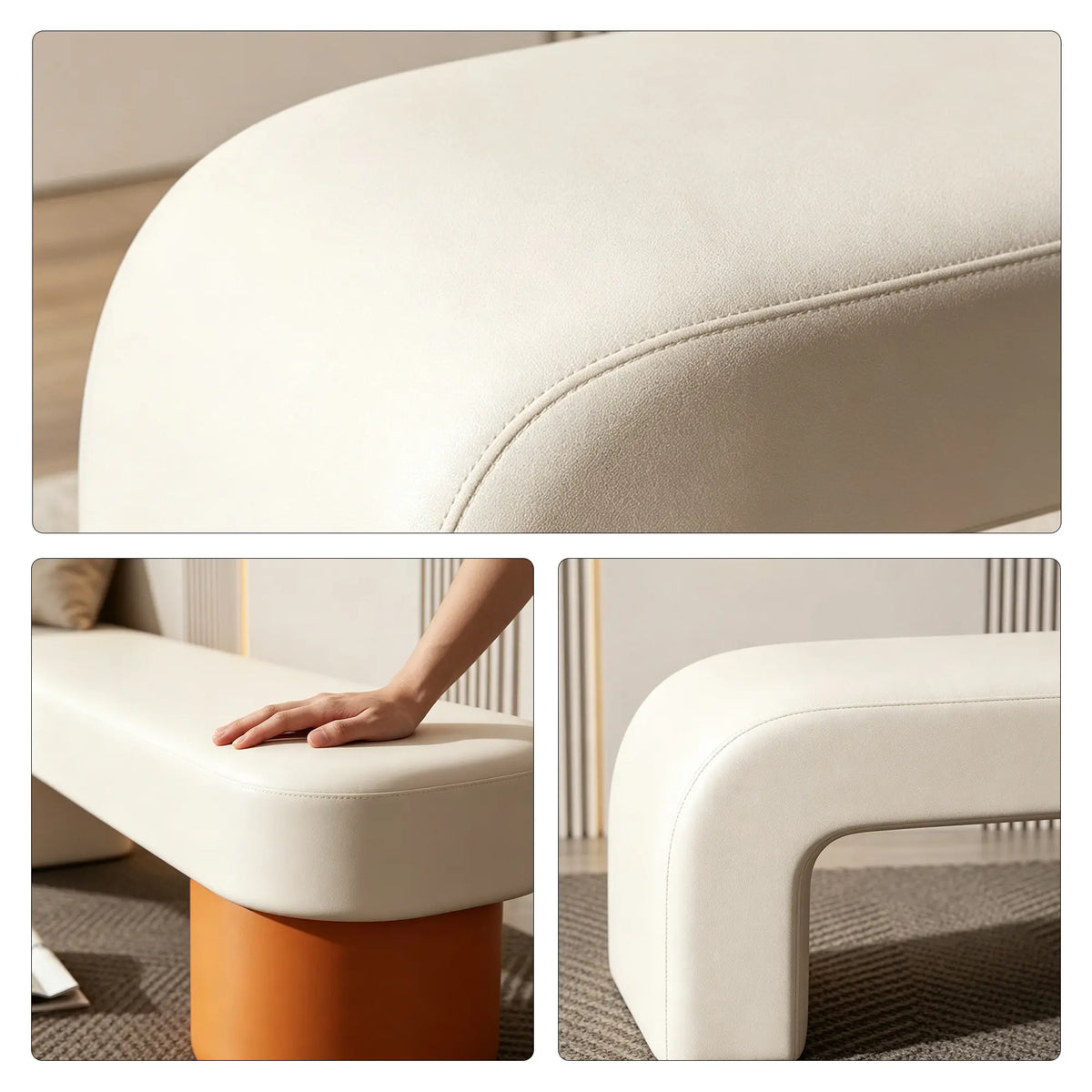 LIVARA Modern Upholstered Bench PU Leather Seat High Density Foam Sculptural Base 100/120cm for Entryway Bedroom Living Room - White & Orange