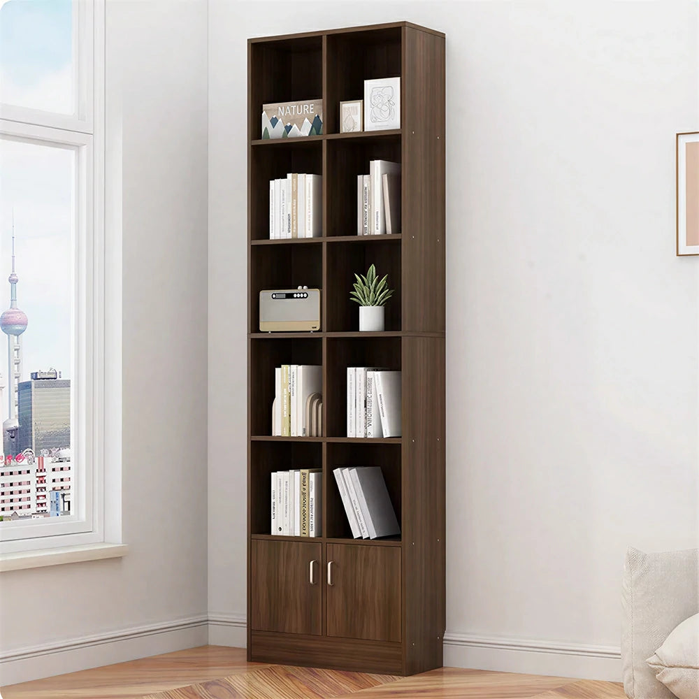 LIVARA Nordic Maple Bookcase 60/70cm - Multi-Tier Storage Cabinet with Doors & Back Panel for Living Room - Walnut