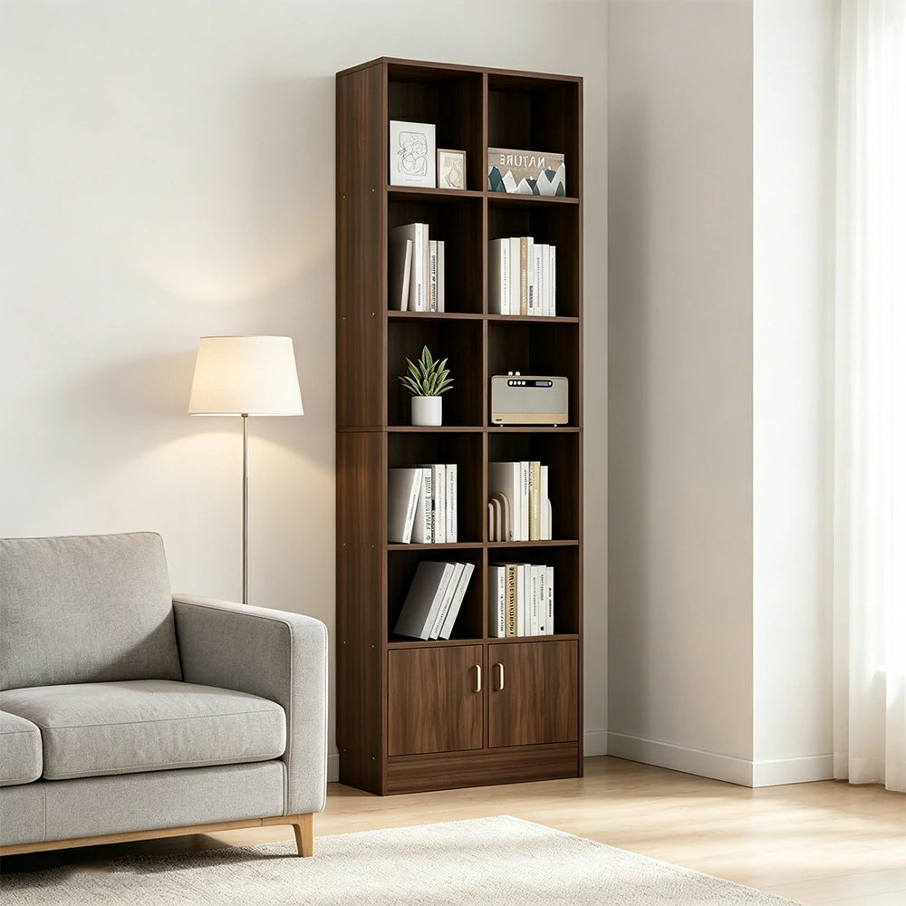 LIVARA Nordic Maple Bookcase 60/70cm - Multi-Tier Storage Cabinet with Doors & Back Panel for Living Room - Walnut