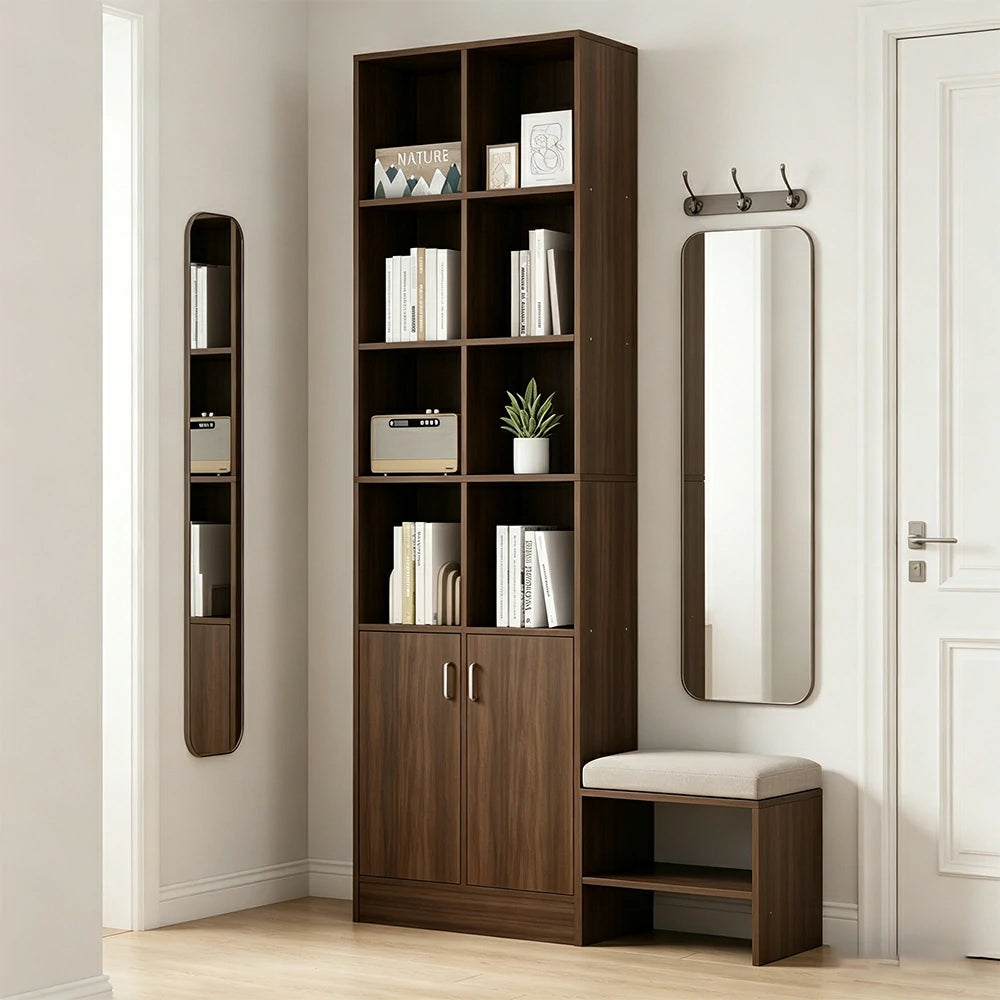LIVARA Nordic Maple Bookcase 60/70cm - Multi-Tier Storage Cabinet with Doors & Back Panel for Living Room - Walnut