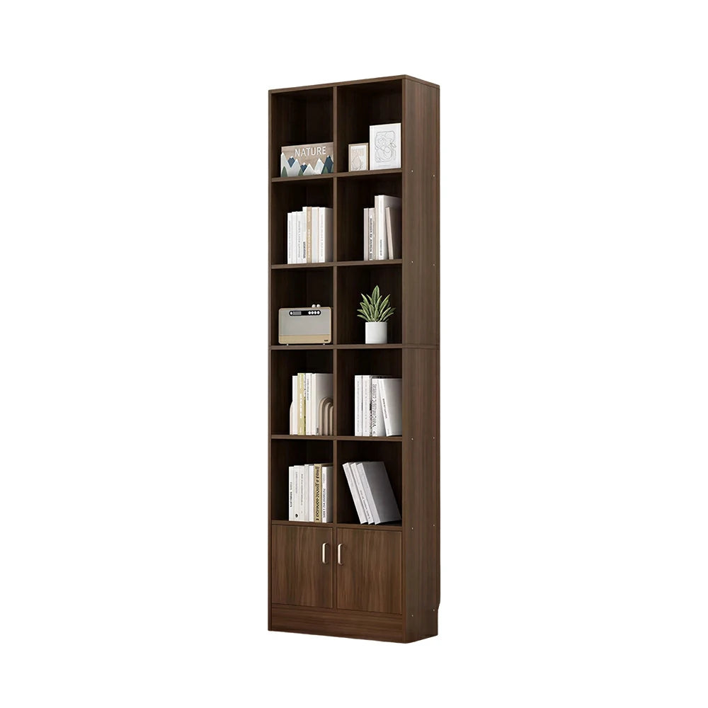 LIVARA Nordic Maple Bookcase 60/70cm - Multi-Tier Storage Cabinet with Doors & Back Panel for Living Room - Walnut