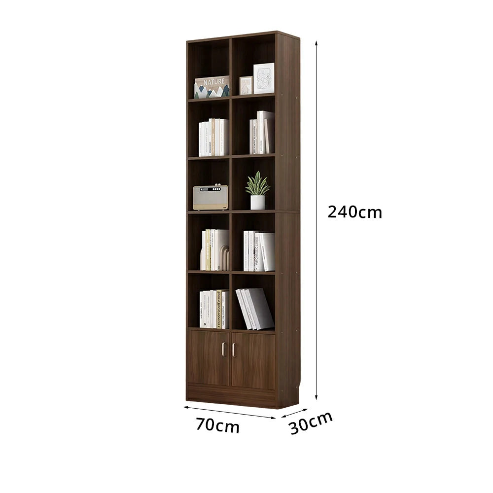 LIVARA Nordic Maple Bookcase 60/70cm - Multi-Tier Storage Cabinet with Doors & Back Panel for Living Room - Walnut