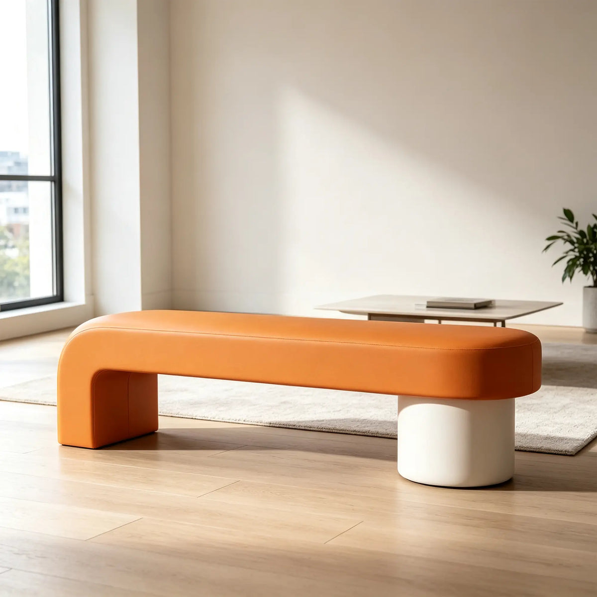 LIVARA Modern Upholstered Bench PU Leather Seat High Density Foam Sculptural Base 100/120cm for Entryway Bedroom Living Room - Orange & White