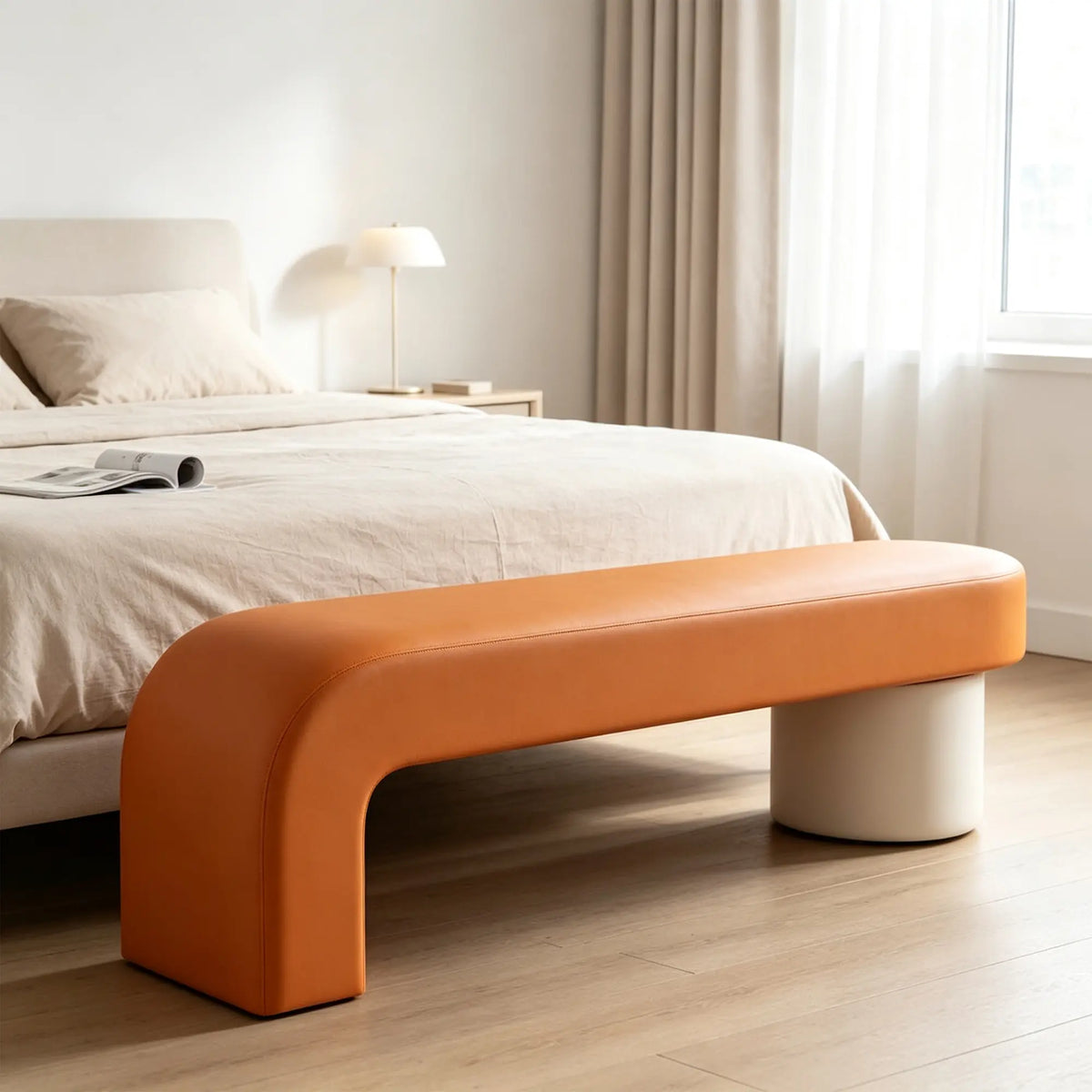 LIVARA Modern Upholstered Bench PU Leather Seat High Density Foam Sculptural Base 100/120cm for Entryway Bedroom Living Room - Orange & White