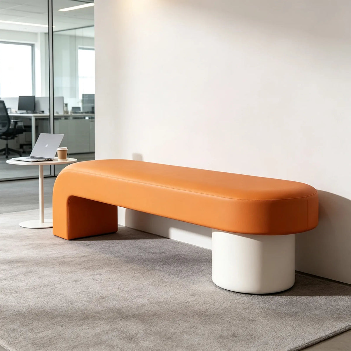 LIVARA Modern Upholstered Bench PU Leather Seat High Density Foam Sculptural Base 100/120cm for Entryway Bedroom Living Room - Orange & White