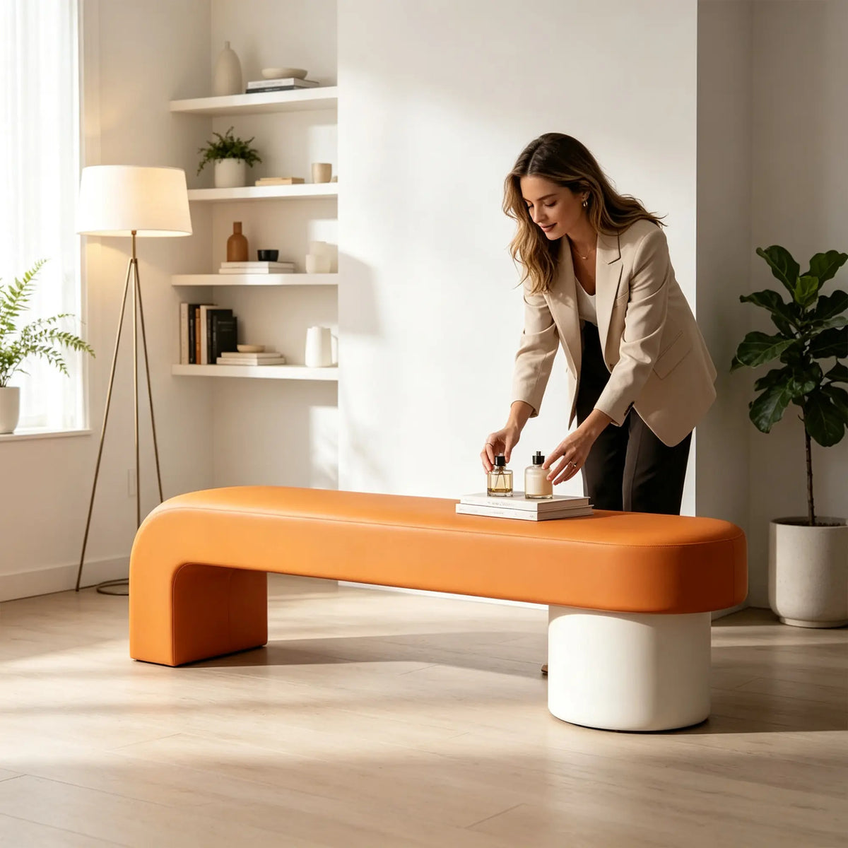 LIVARA Modern Upholstered Bench PU Leather Seat High Density Foam Sculptural Base 100/120cm for Entryway Bedroom Living Room - Orange & White