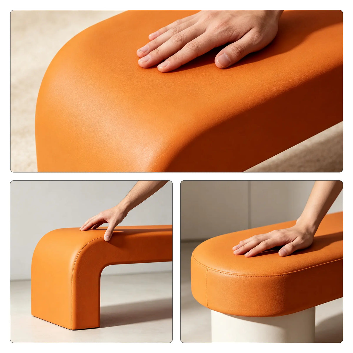 LIVARA Modern Upholstered Bench PU Leather Seat High Density Foam Sculptural Base 100/120cm for Entryway Bedroom Living Room - Orange & White