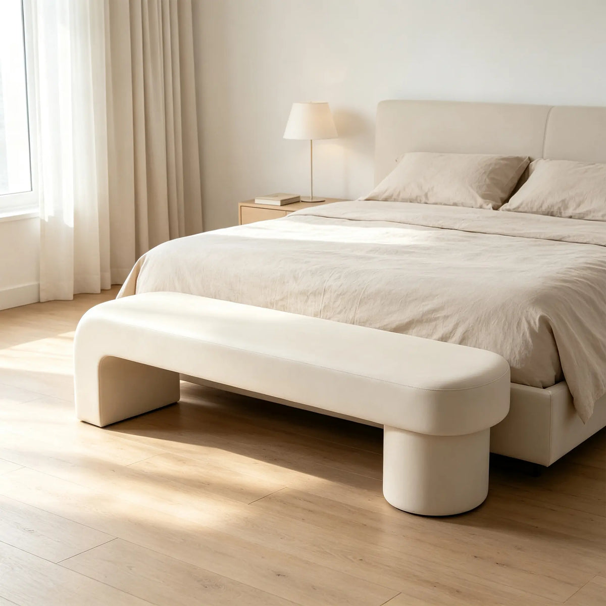 LIVARA Modern Upholstered Bench PU Leather Seat High Density Foam Sculptural Base 100/120cm for Entryway Bedroom Living Room - White