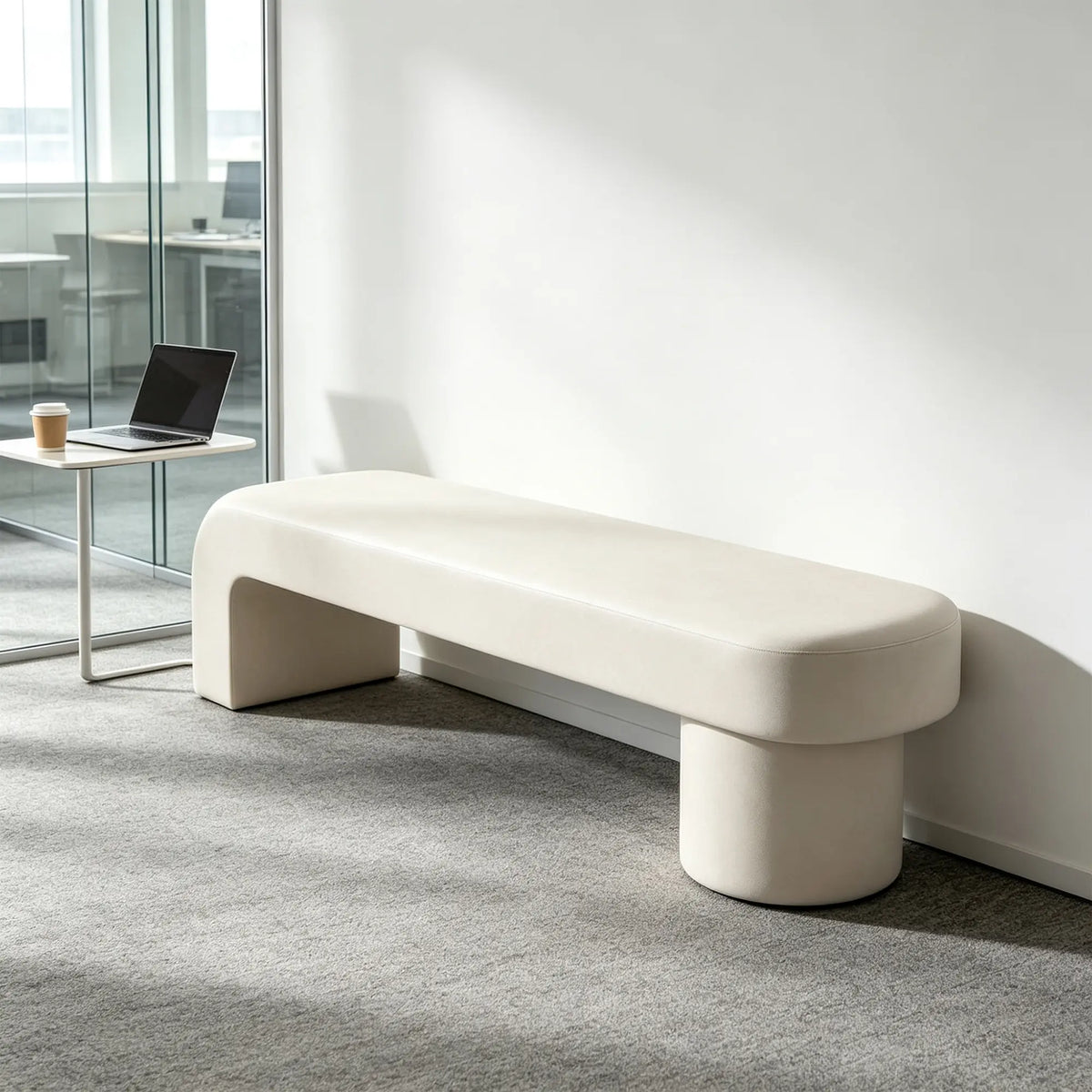 LIVARA Modern Upholstered Bench PU Leather Seat High Density Foam Sculptural Base 100/120cm for Entryway Bedroom Living Room - White