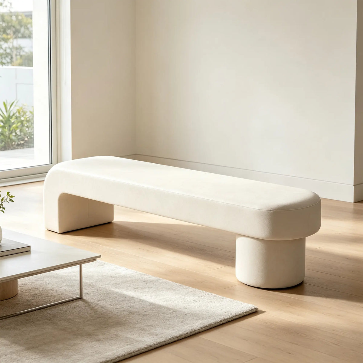 LIVARA Modern Upholstered Bench PU Leather Seat High Density Foam Sculptural Base 100/120cm for Entryway Bedroom Living Room - White