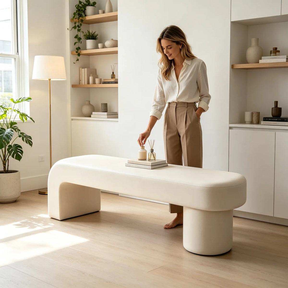 LIVARA Modern Upholstered Bench PU Leather Seat High Density Foam Sculptural Base 100/120cm for Entryway Bedroom Living Room - White