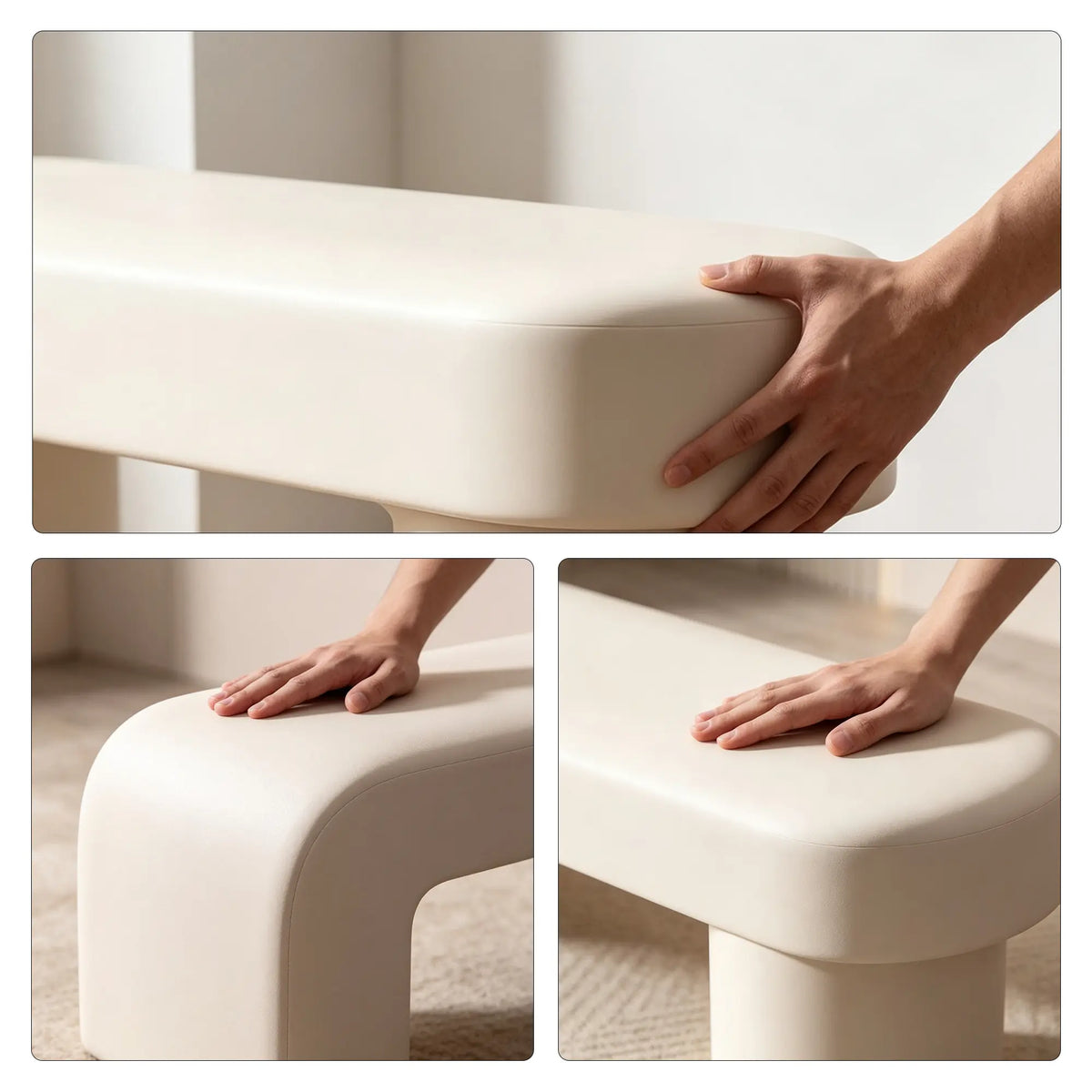 LIVARA Modern Upholstered Bench PU Leather Seat High Density Foam Sculptural Base 100/120cm for Entryway Bedroom Living Room - White