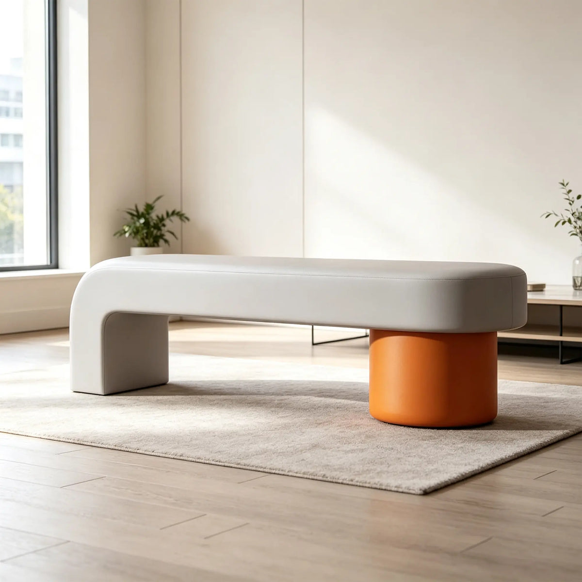 LIVARA Modern Upholstered Bench PU Leather Seat High Density Foam Sculptural Base 100/120cm for Entryway Bedroom Living Room - Grey & Orange
