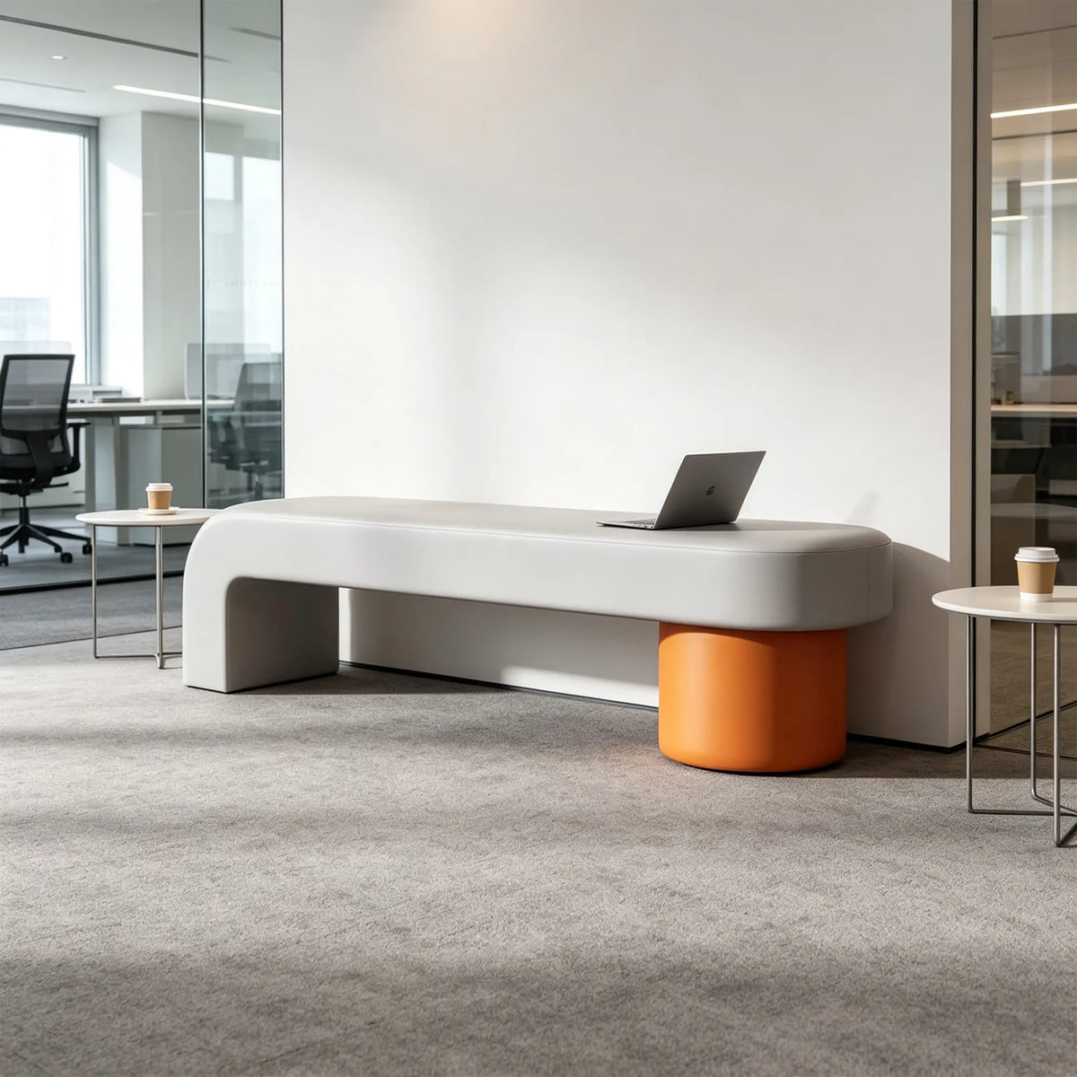 LIVARA Modern Upholstered Bench PU Leather Seat High Density Foam Sculptural Base 100/120cm for Entryway Bedroom Living Room - Grey & Orange