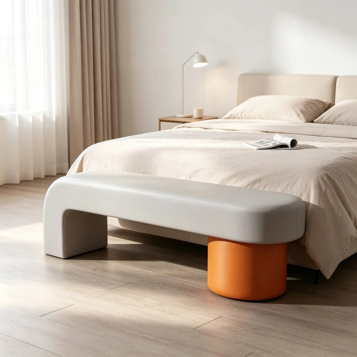 LIVARA Modern Upholstered Bench PU Leather Seat High Density Foam Sculptural Base 100/120cm for Entryway Bedroom Living Room - Grey & Orange
