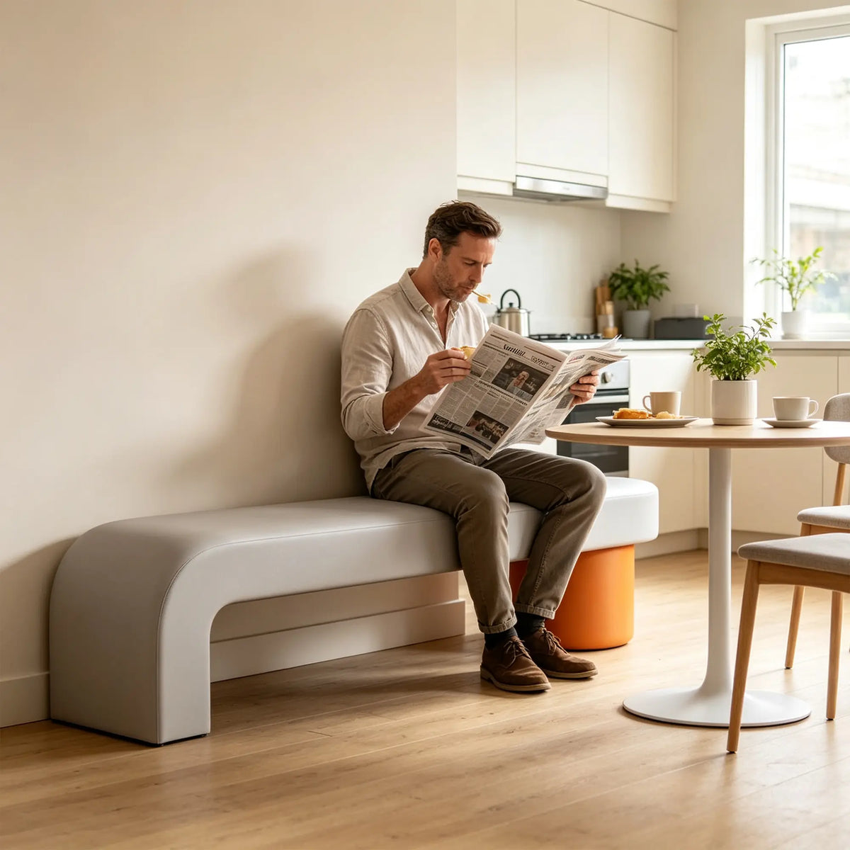 LIVARA Modern Upholstered Bench PU Leather Seat High Density Foam Sculptural Base 100/120cm for Entryway Bedroom Living Room - Grey & Orange