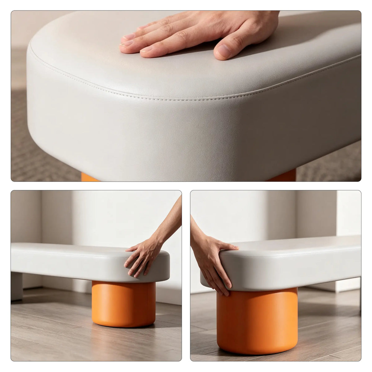 LIVARA Modern Upholstered Bench PU Leather Seat High Density Foam Sculptural Base 100/120cm for Entryway Bedroom Living Room - Grey & Orange