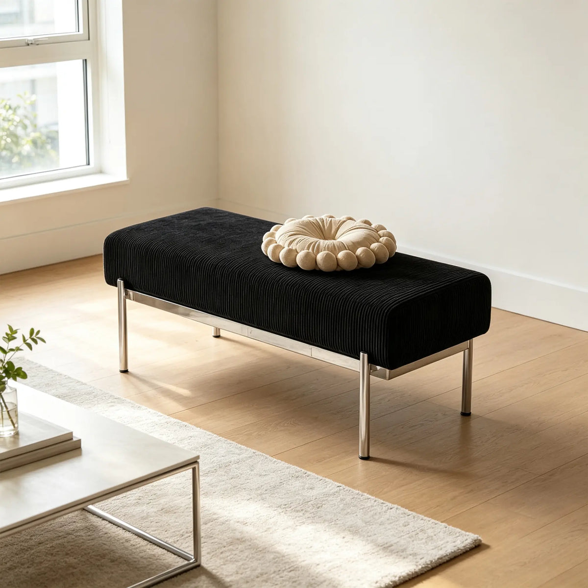 LIVARA Modern Upholstered Bench PU Leather Seat High Density Foam Curved Base for Entryway Bedroom Living Room - Black