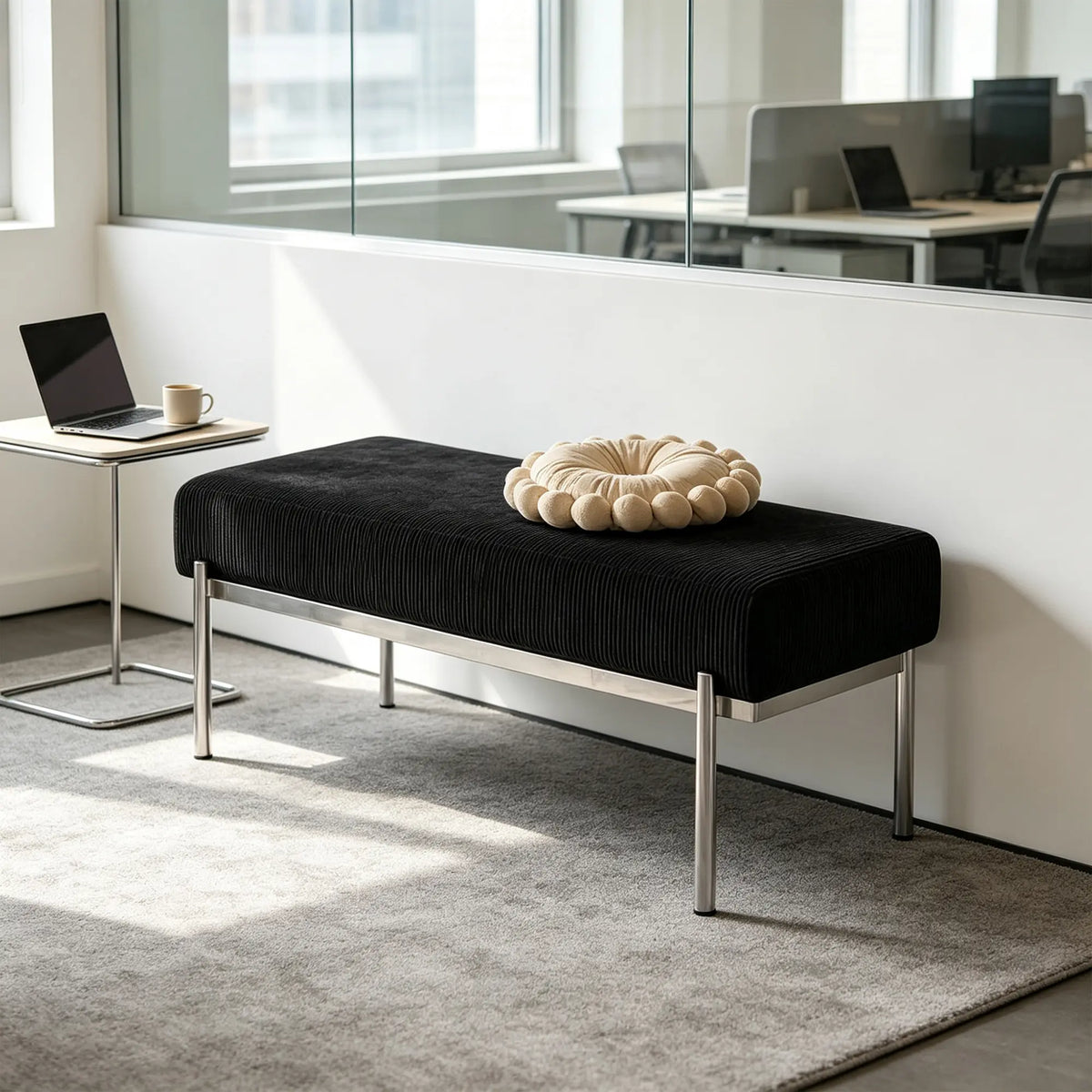 LIVARA Modern Upholstered Bench PU Leather Seat High Density Foam Curved Base for Entryway Bedroom Living Room - Black