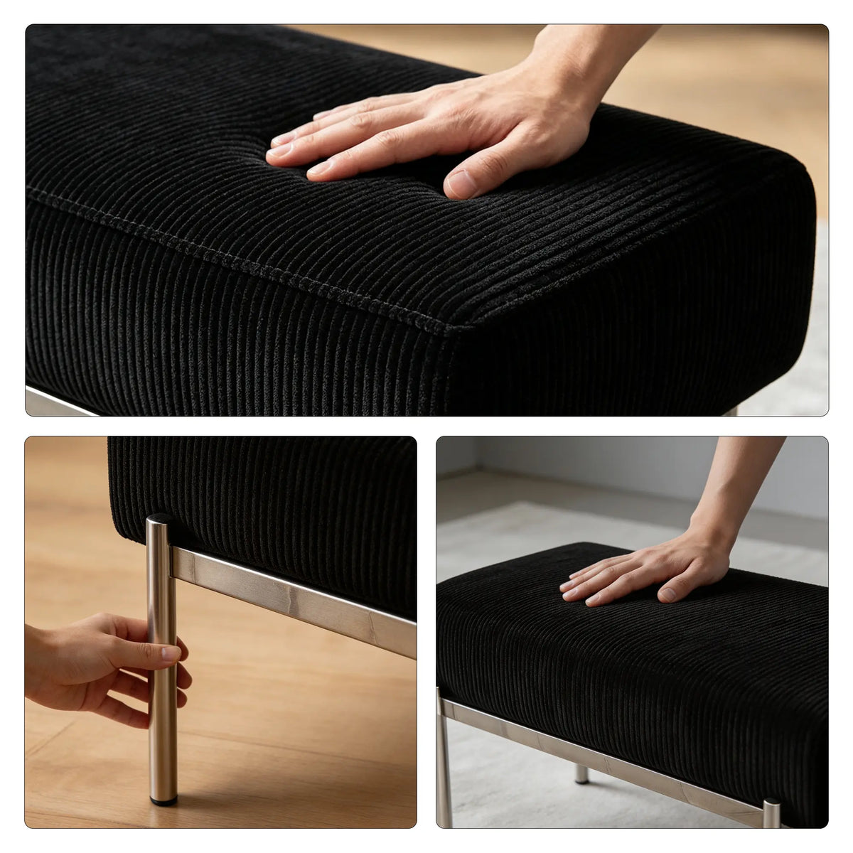 LIVARA Modern Upholstered Bench PU Leather Seat High Density Foam Curved Base for Entryway Bedroom Living Room - Black