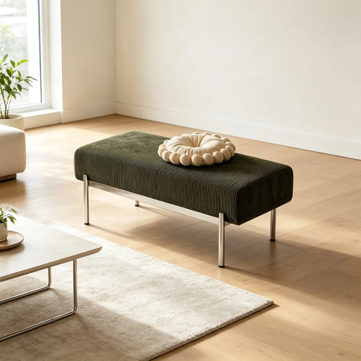 LIVARA Modern Upholstered Bench PU Leather Seat High Density Foam Curved Base for Entryway Bedroom Living Room - Green