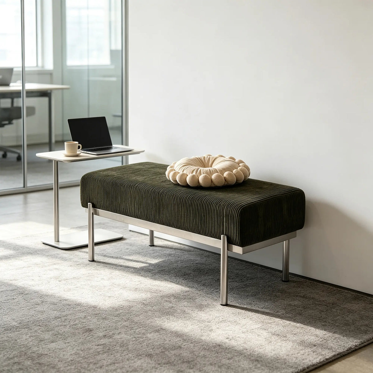 LIVARA Modern Upholstered Bench PU Leather Seat High Density Foam Curved Base for Entryway Bedroom Living Room - Green