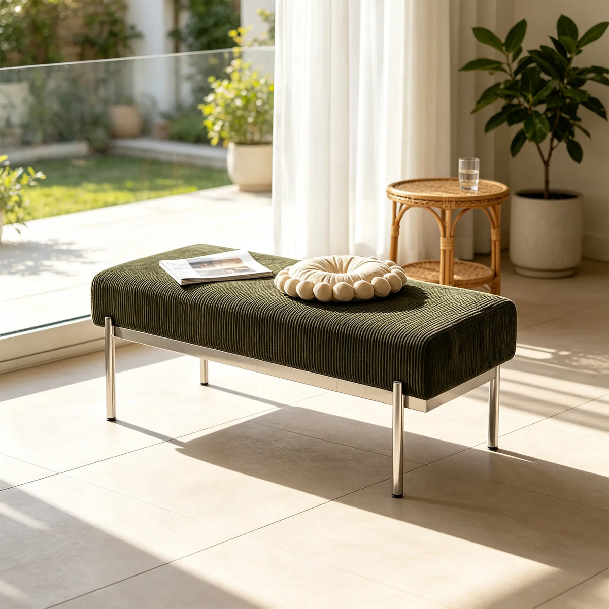 LIVARA Modern Upholstered Bench PU Leather Seat High Density Foam Curved Base for Entryway Bedroom Living Room - Green