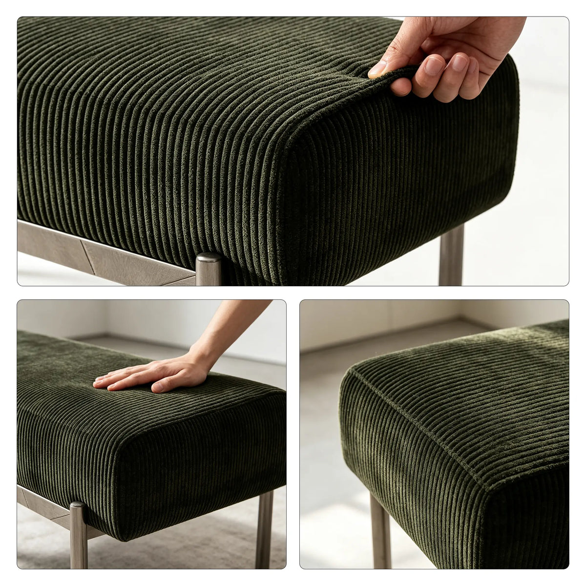 LIVARA Modern Upholstered Bench PU Leather Seat High Density Foam Curved Base for Entryway Bedroom Living Room - Green
