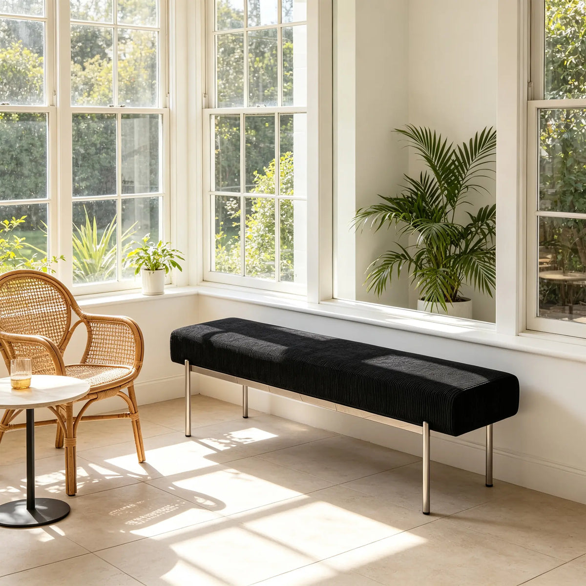LIVARA Contemporary Accent Bench Sculptural Curved Design Contrasting Base Comfortable Padded Seat for Bedroom Bed End Reception Area - Black
