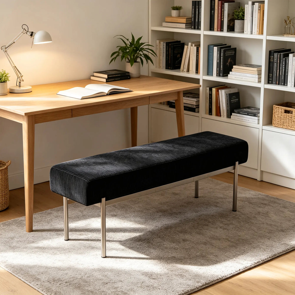 LIVARA Contemporary Accent Bench Sculptural Curved Design Contrasting Base Comfortable Padded Seat for Bedroom Bed End Reception Area - Black