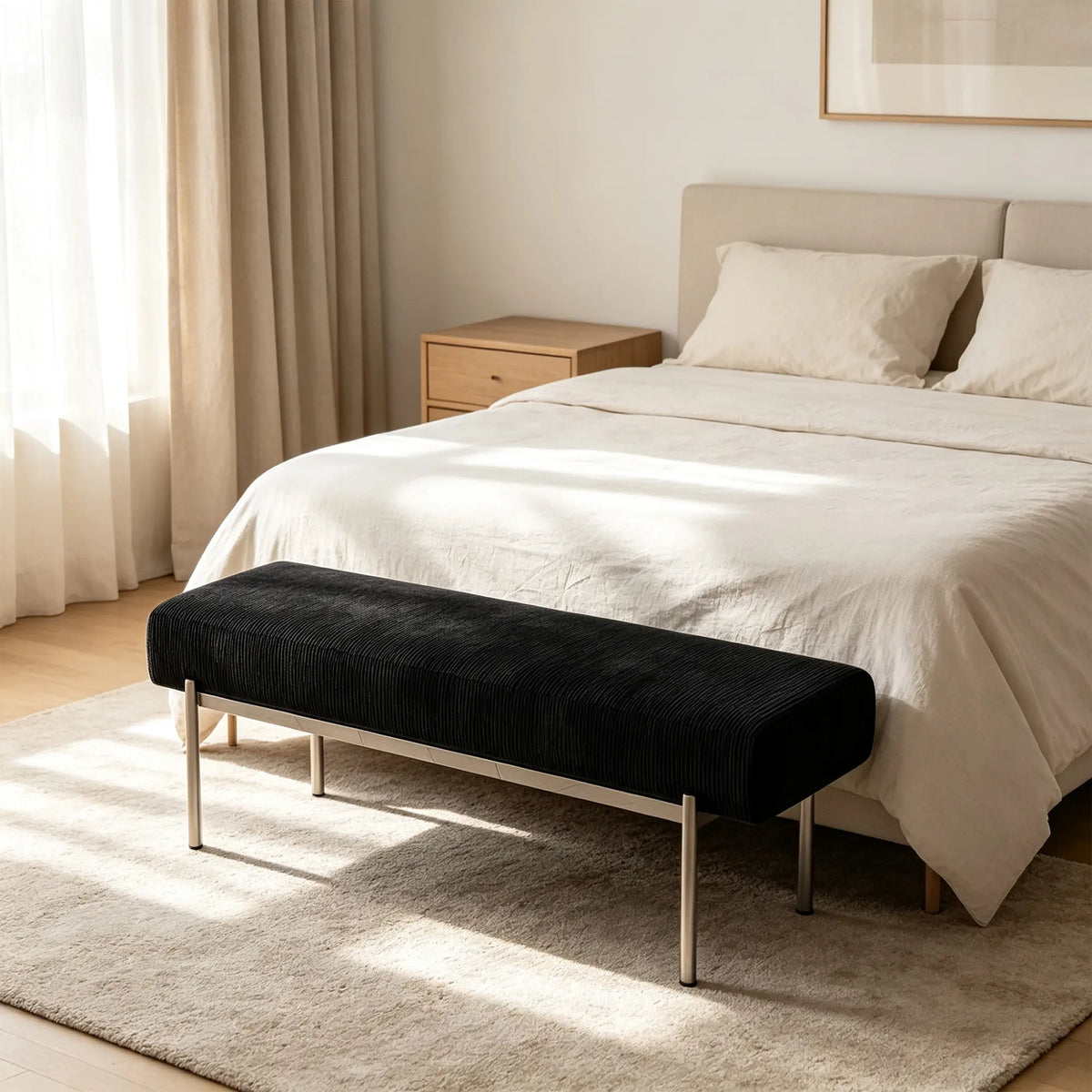 LIVARA Contemporary Accent Bench Sculptural Curved Design Contrasting Base Comfortable Padded Seat for Bedroom Bed End Reception Area - Black
