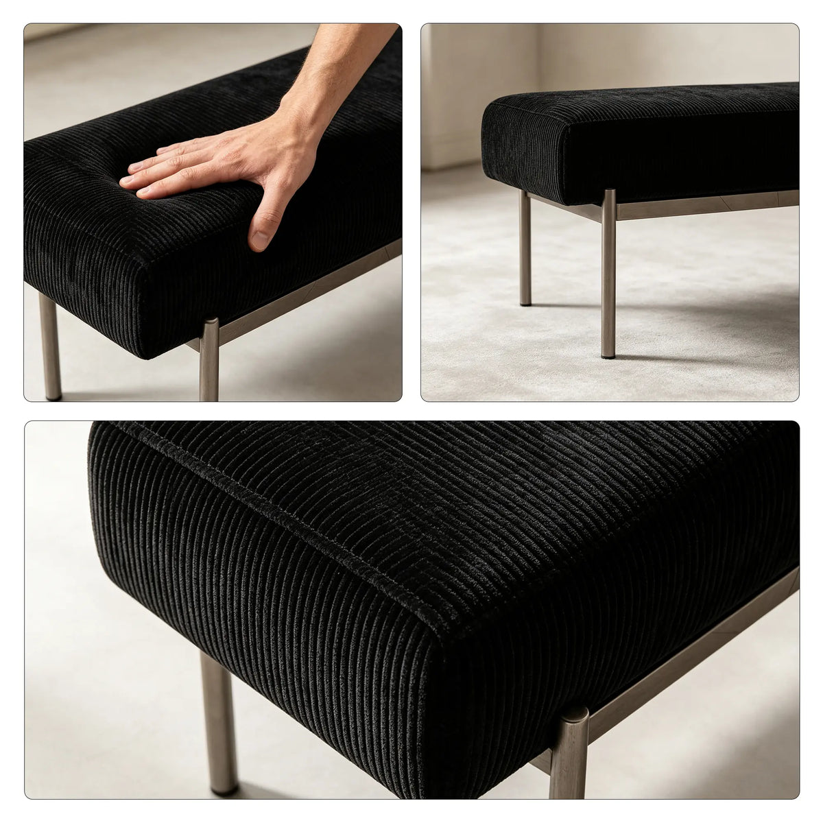LIVARA Contemporary Accent Bench Sculptural Curved Design Contrasting Base Comfortable Padded Seat for Bedroom Bed End Reception Area - Black