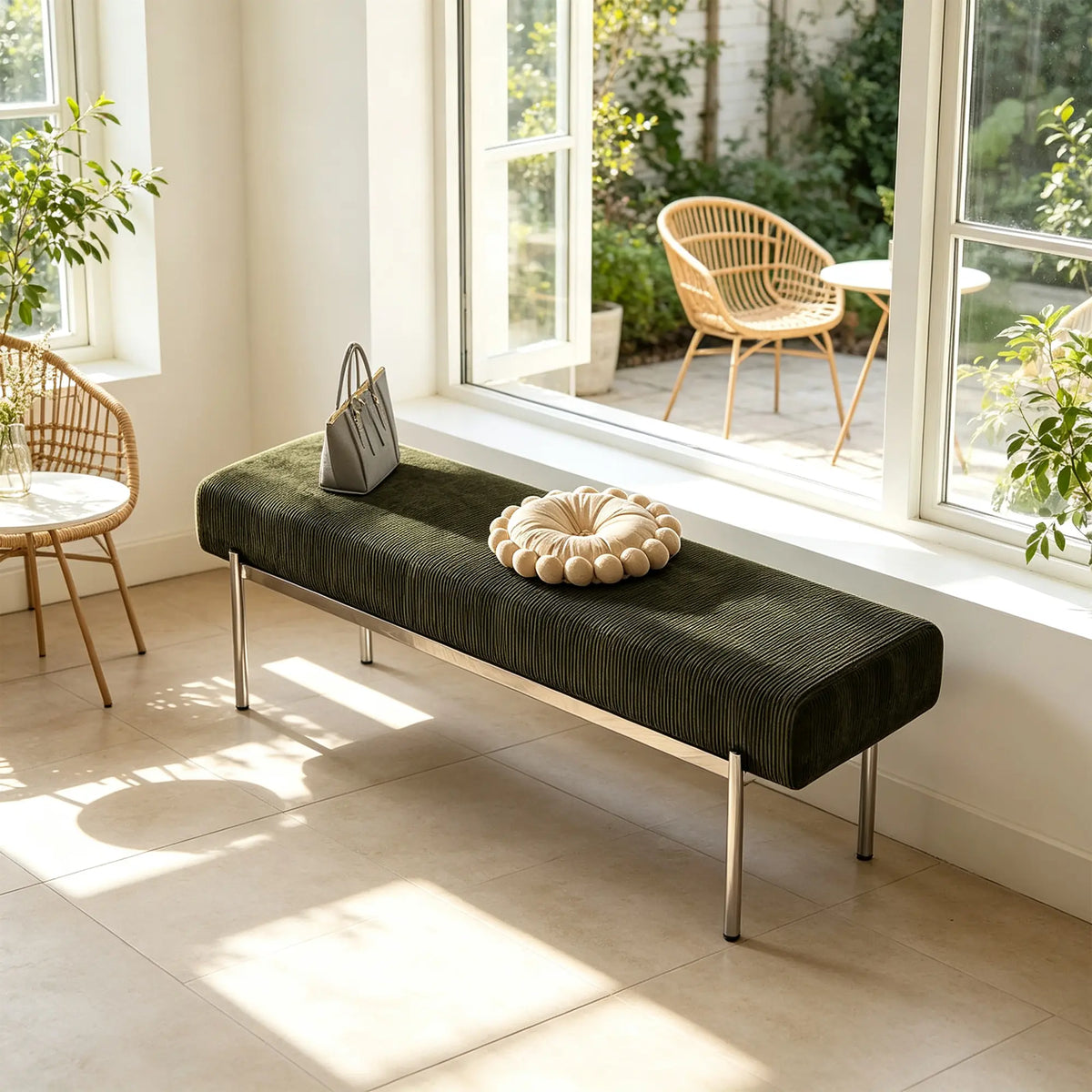 LIVARA Contemporary Accent Bench Sculptural Curved Design Contrasting Base Comfortable Padded Seat for Bedroom Bed End Reception Area - Green