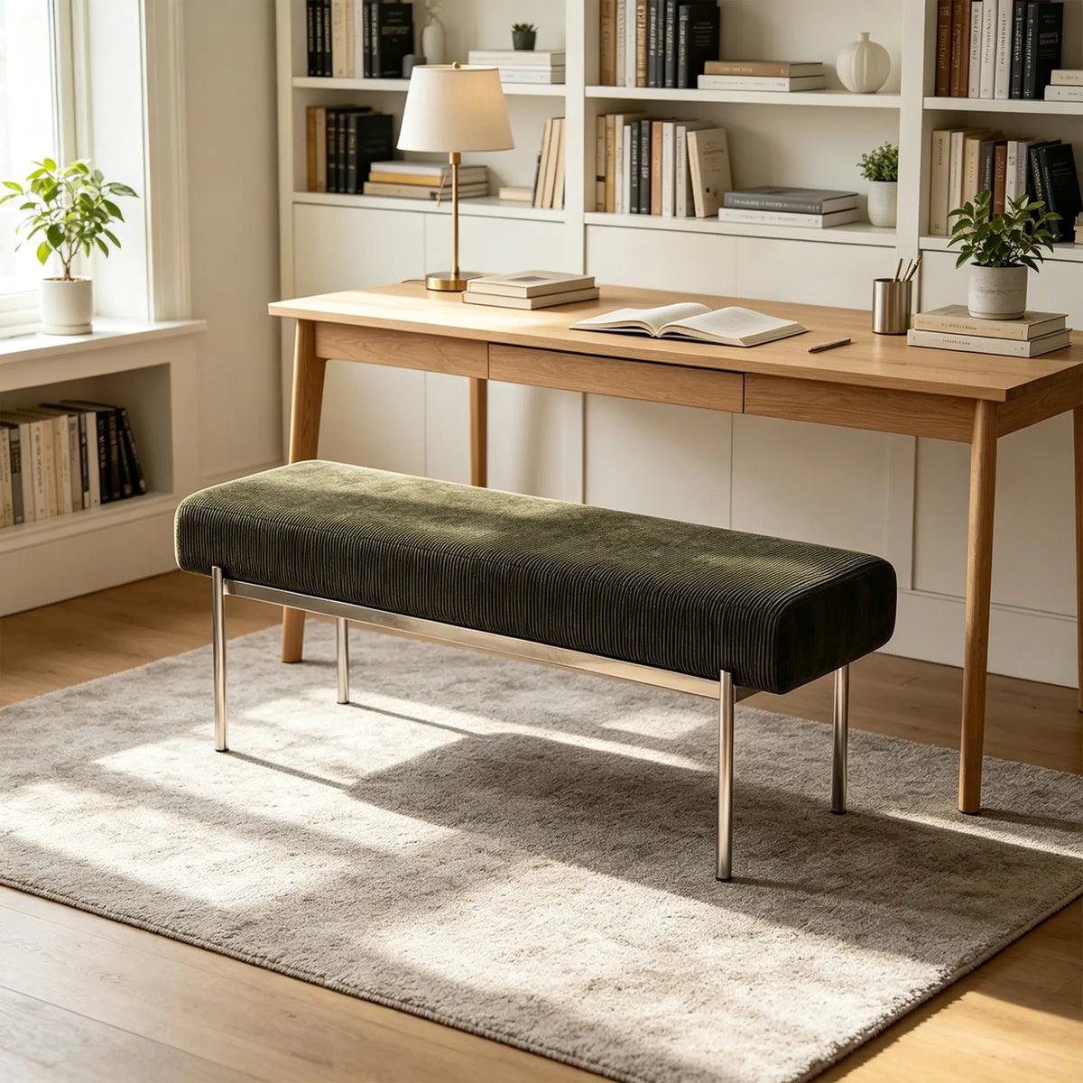 LIVARA Contemporary Accent Bench Sculptural Curved Design Contrasting Base Comfortable Padded Seat for Bedroom Bed End Reception Area - Green