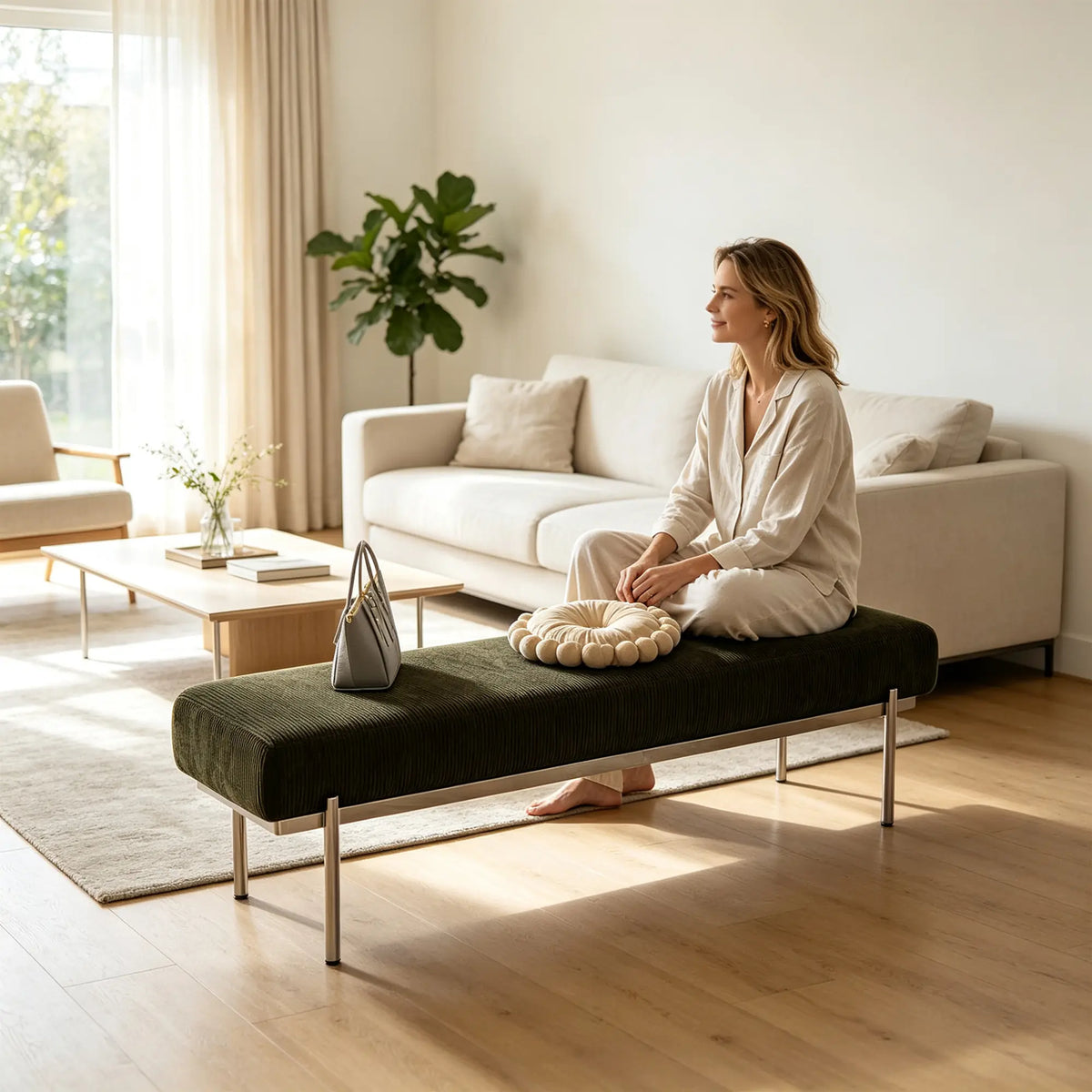 LIVARA Contemporary Accent Bench Sculptural Curved Design Contrasting Base Comfortable Padded Seat for Bedroom Bed End Reception Area - Green