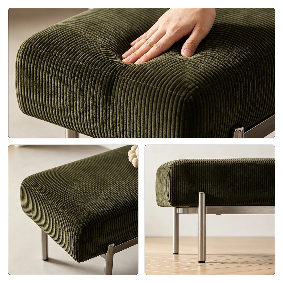 LIVARA Contemporary Accent Bench Sculptural Curved Design Contrasting Base Comfortable Padded Seat for Bedroom Bed End Reception Area - Green