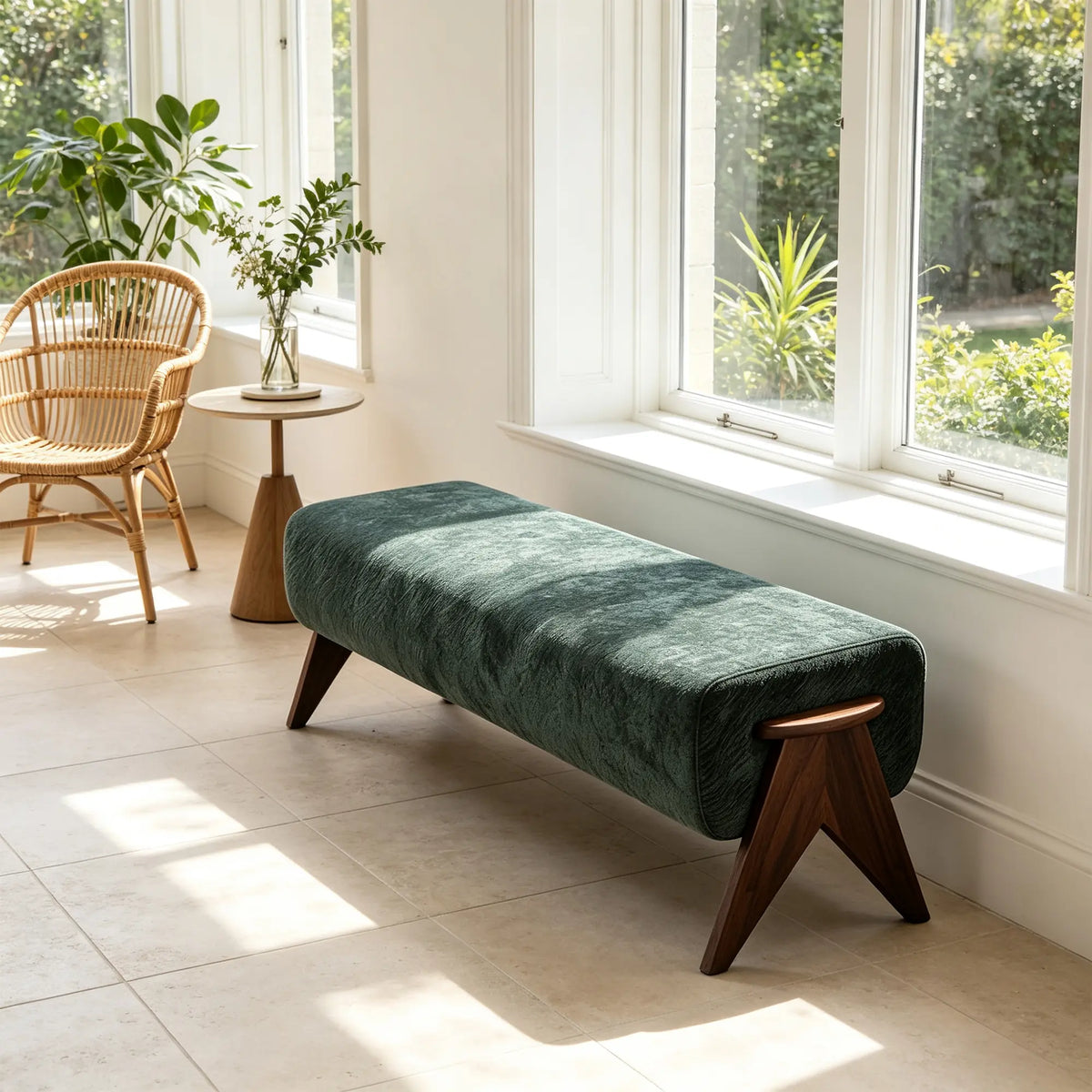 LIVARA Chenille Upholstered Bench High Resilience Cushion Solid Wood Legs 100/140cm for Bedroom Entryway Living Room - Green