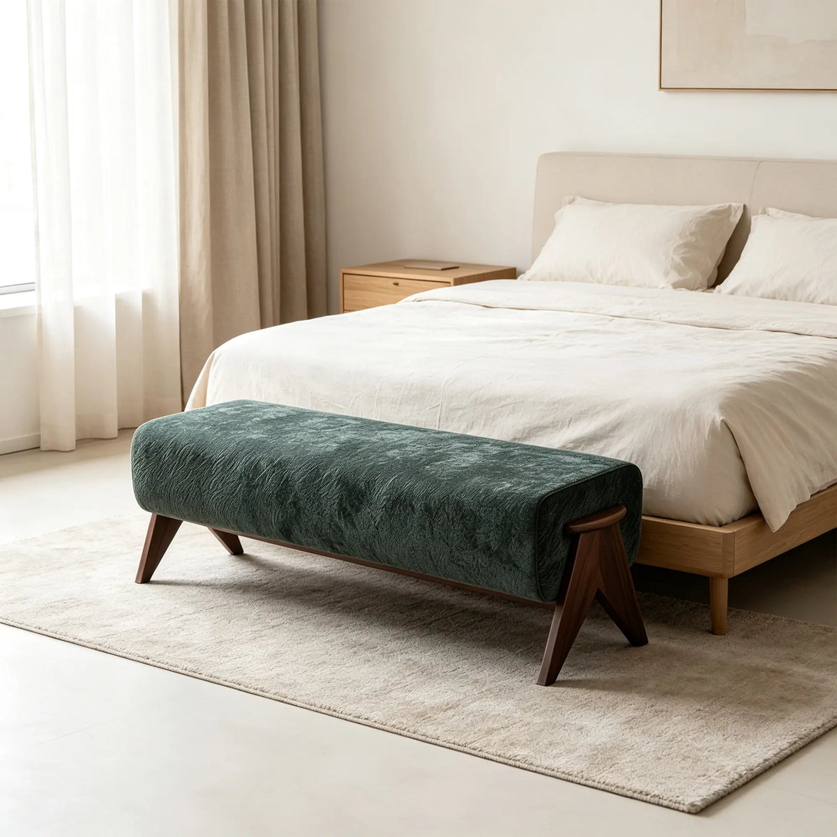 LIVARA Chenille Upholstered Bench High Resilience Cushion Solid Wood Legs 100/140cm for Bedroom Entryway Living Room - Green