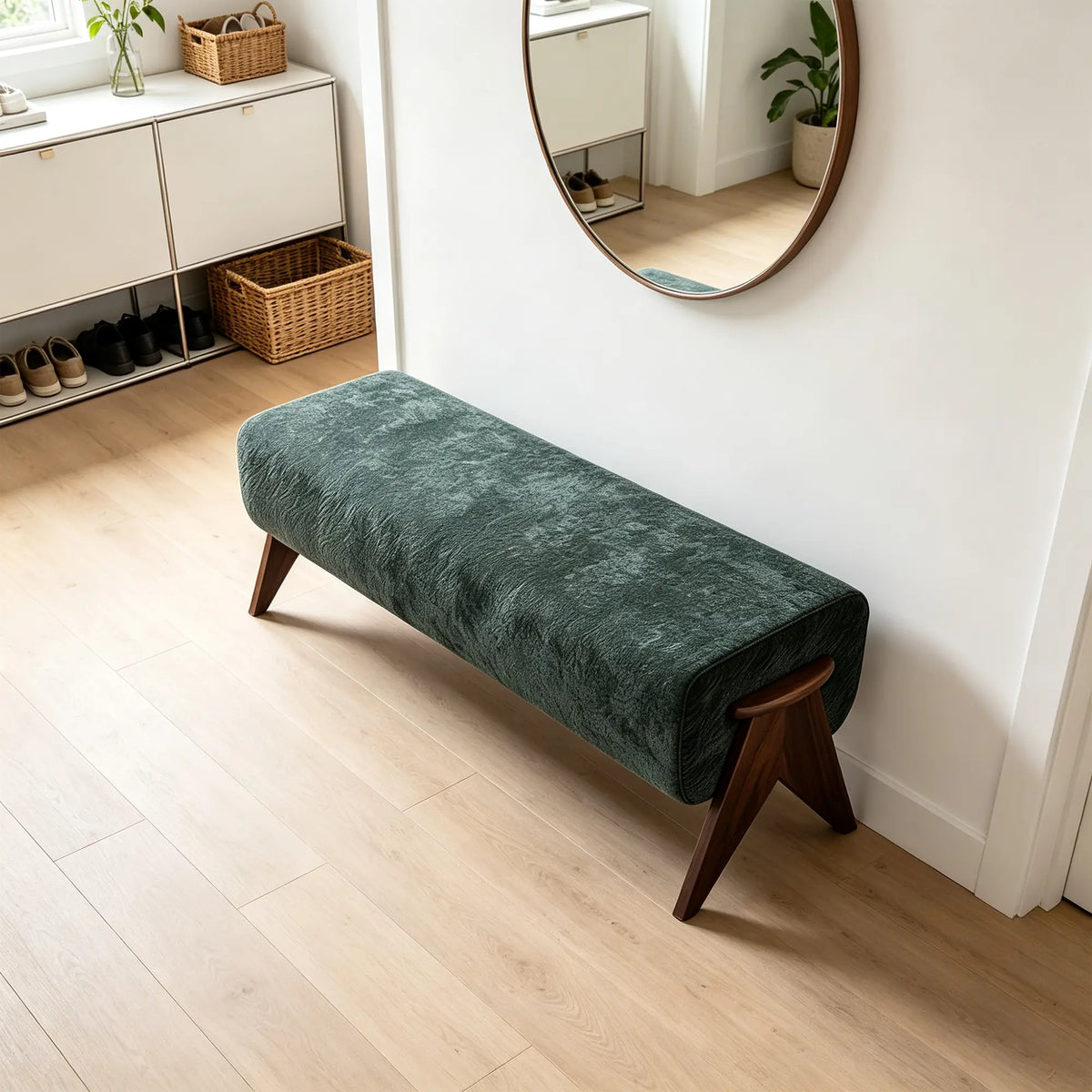 LIVARA Chenille Upholstered Bench High Resilience Cushion Solid Wood Legs 100/140cm for Bedroom Entryway Living Room - Green