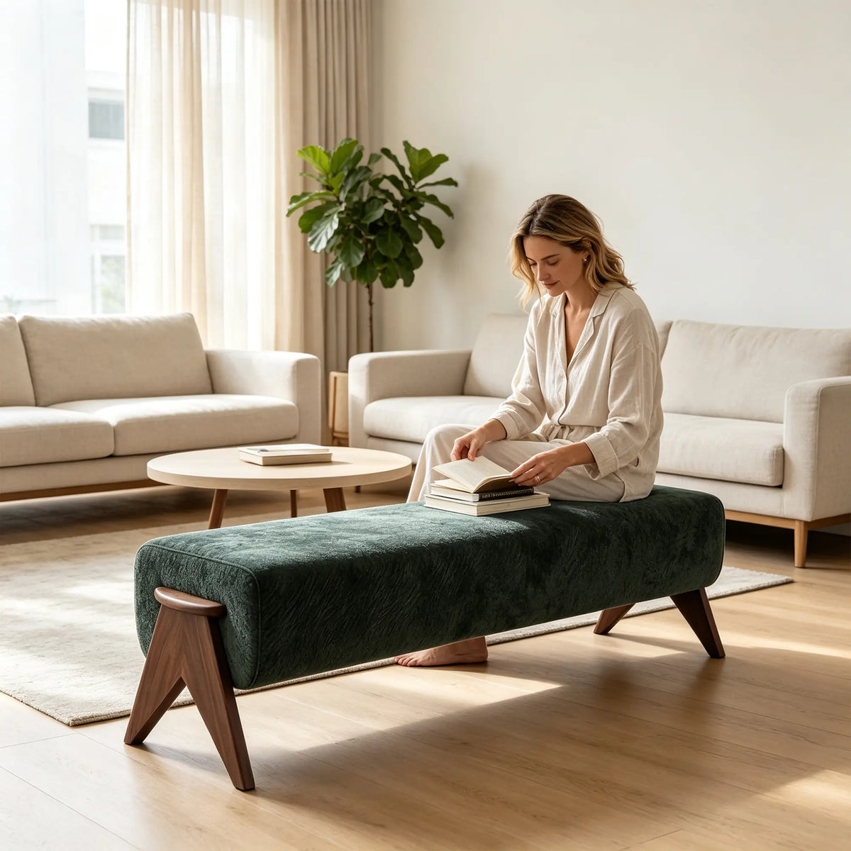 LIVARA Chenille Upholstered Bench High Resilience Cushion Solid Wood Legs 100/140cm for Bedroom Entryway Living Room - Green