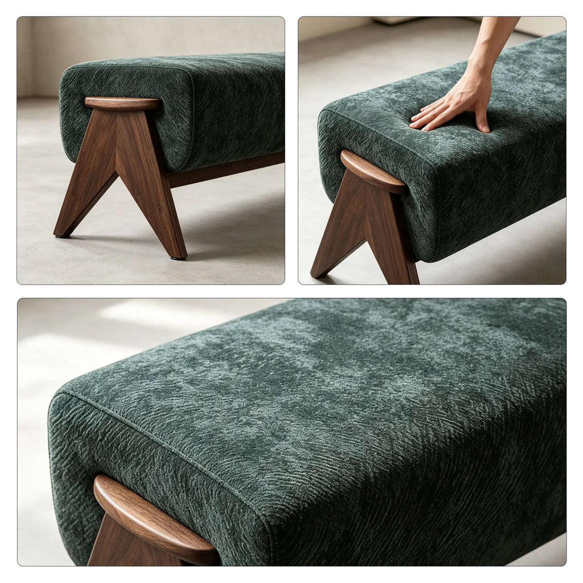 LIVARA Chenille Upholstered Bench High Resilience Cushion Solid Wood Legs 100/140cm for Bedroom Entryway Living Room - Green