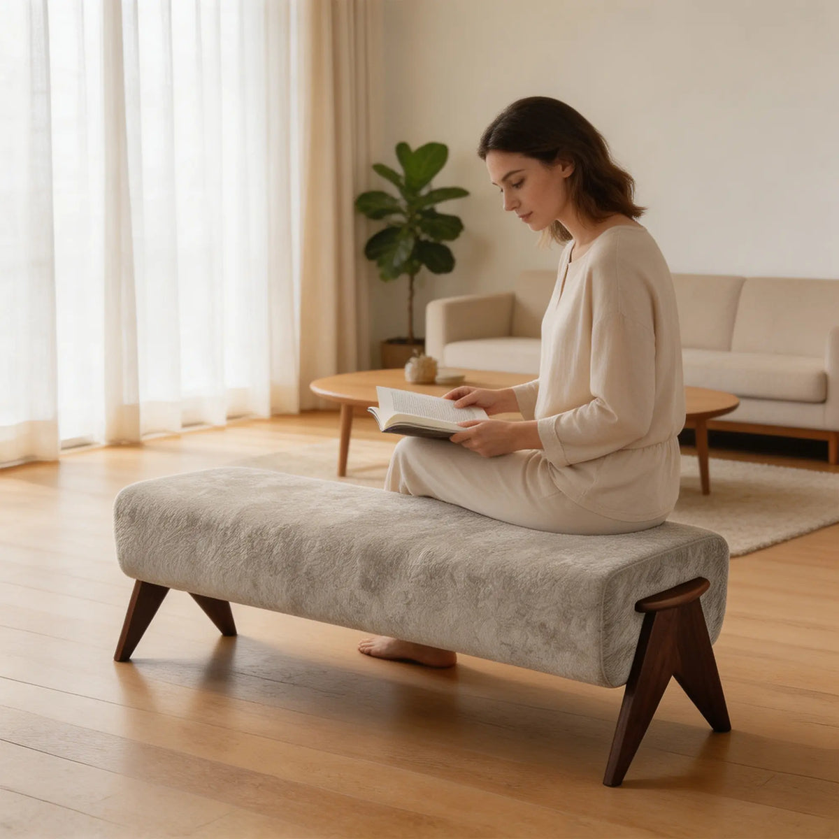 LIVARA Chenille Upholstered Bench High Resilience Cushion Solid Wood Legs 100/140cm for Bedroom Entryway Living Room - Grey